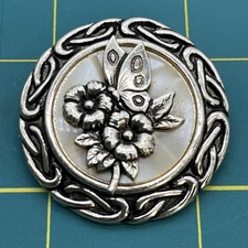 Vintage Gold Tone Scarf Clip Butterfly & Flowers MOP Look Background Celtic Knot