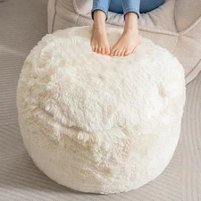  Round Stuffed Pouf Ottoman, Long Faux Fur Poufs with Foam Chunk 26INCH Beige