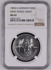 DDR 1985A 20 M NGC MS69 "125. Todestag von Ernst Moritz Arndt" Silber TOP POP