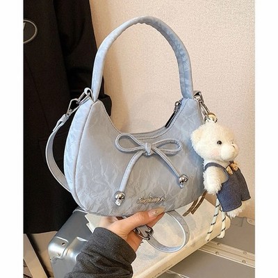 Women s Light Blue Bow Shoulder Bag   Cute Crescent Handbag with Zipper