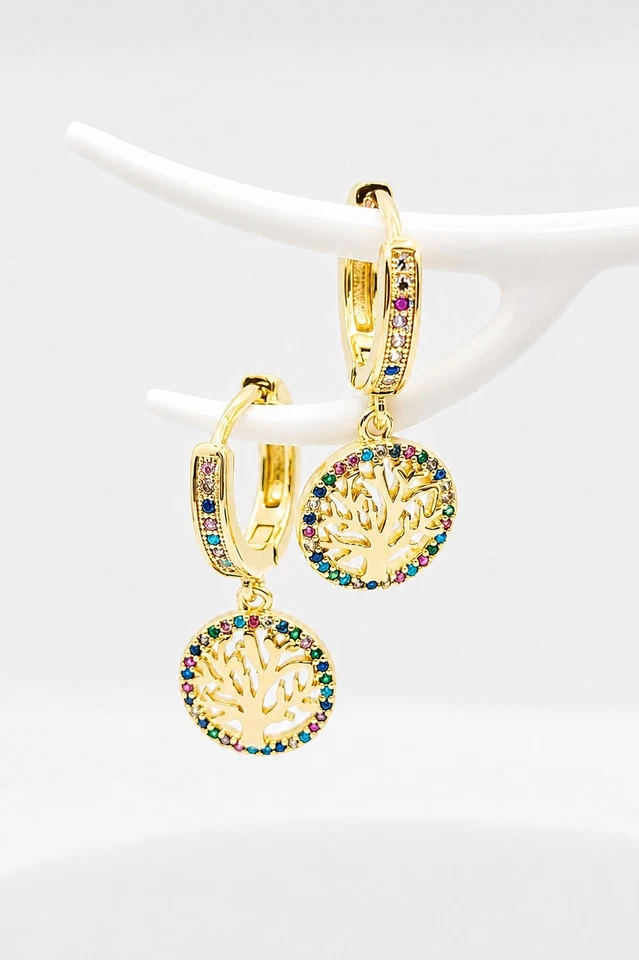 Boucles d’oreilles Créoles Arbre de Vie dorées à l’or fin 1 micron - Photo 1/2