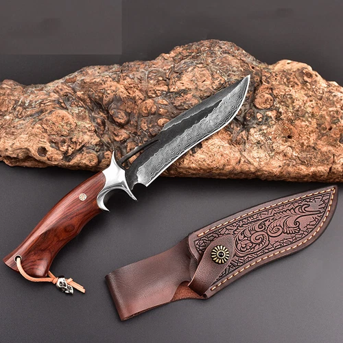 Damascus Steel Outdoor Knife Fixed Blade Hunting Survival Knife Camping Gear - Picture 1 of 4