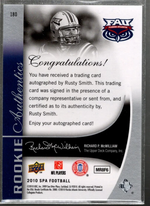 B2917- 2010 SP Authentic #180 Rusty Smith RC Auto /599 SAMPLE PIC - Image 2 of 2