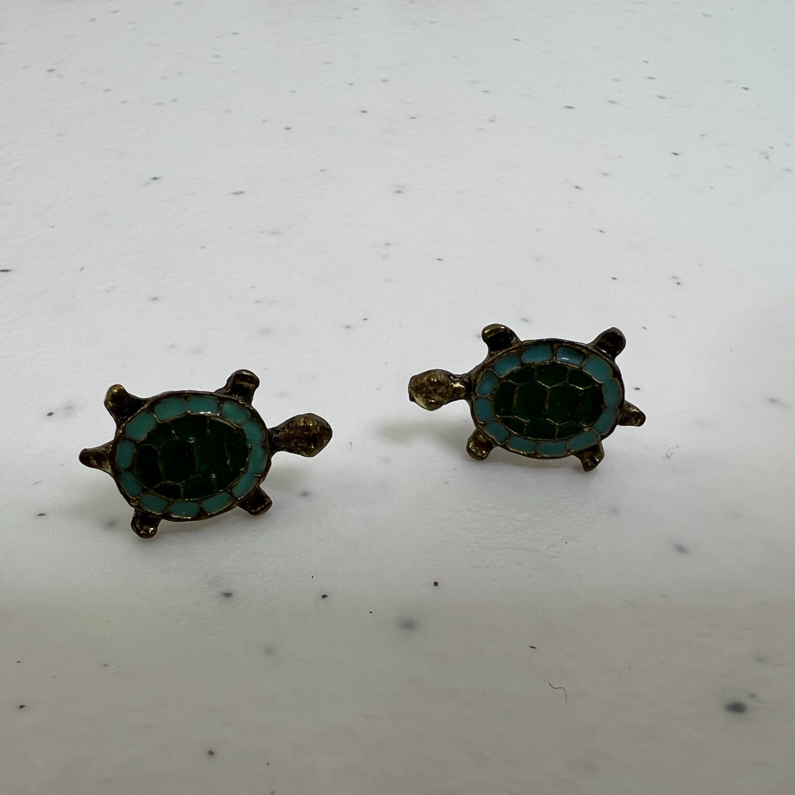 Turtle Stud Earrings Tiny Small Enamel Green Gold… - image 1