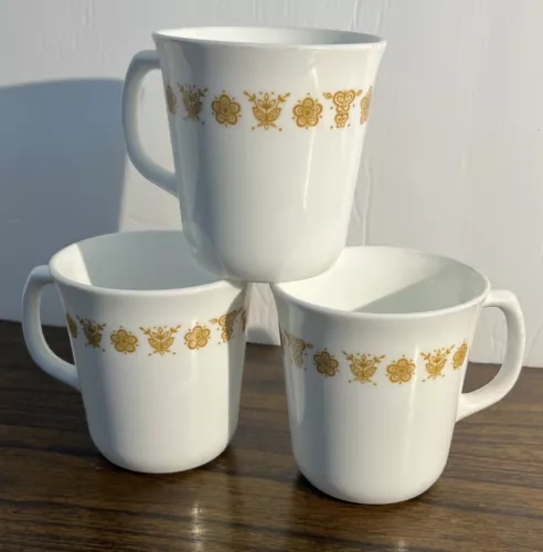 Pyrex Corning Corelle Butterfly Gold Set of 3 Coffee Mugs Cups