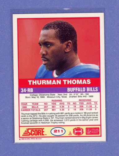 1989 Score #211 Thurman Thomas Rookie RC Buffalo Bills - Picture 2 of 2