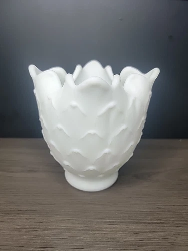 Vintage Imperial Glass Artichoke Satin White Doe Skin Milk Glass Vase 5"