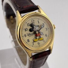 Disney Mickey Mouse Watch Womens 26mm Case Red Leather Band Quartz Three Hands