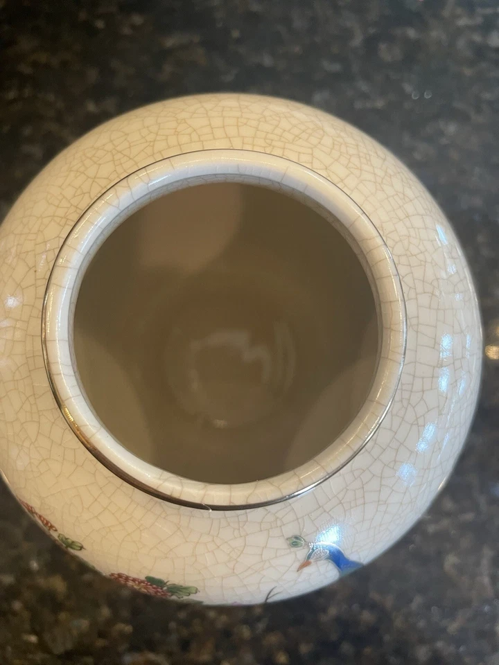 Jarrón antiguo japonés de porcelana Sato Gordon floral pavo real pájaro tarro vintage Foto 3 de 4