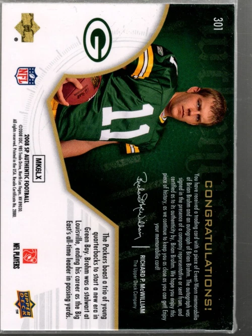 A9670- 2008 SP Authentic #301 Brian Brohm RC Auto Jersey /499 SAMPLE - Image 2 of 2