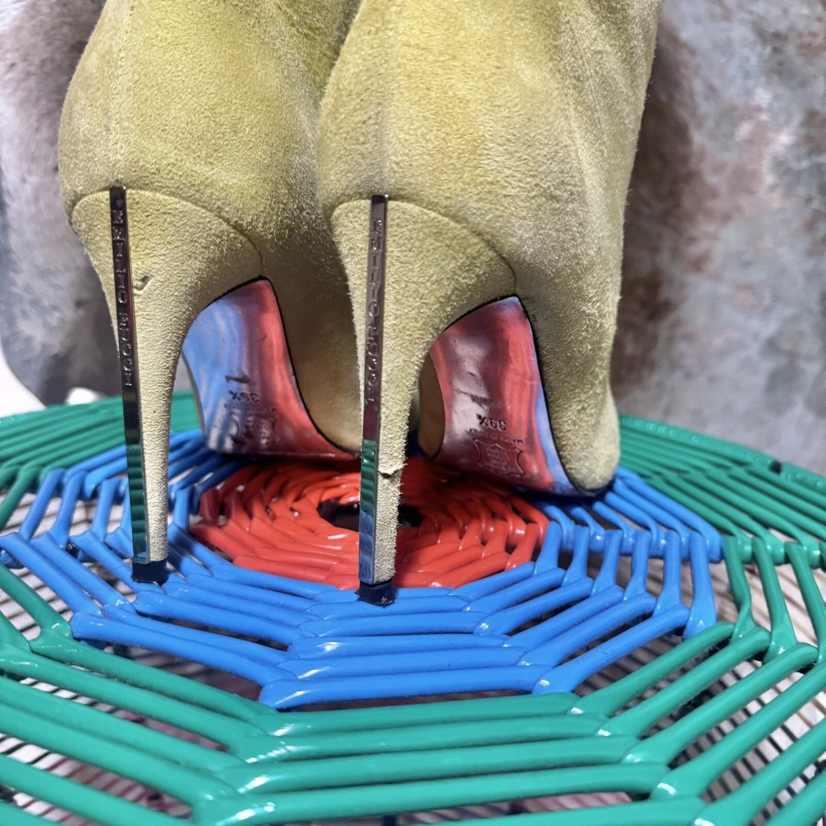 EMILIO PUCCI GREEN SUEDE FOLD OVER GEOMETRIC PRINT STILETTO BOOTS