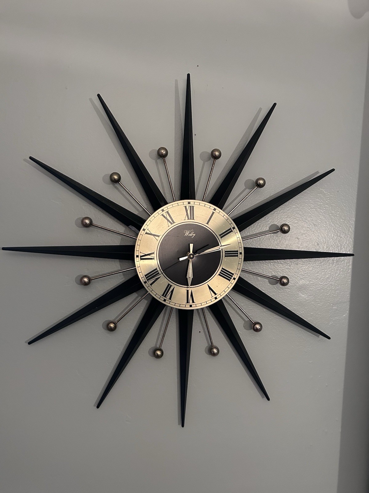 Welby Mid Century Atomic Starburst Wall Clock Brass Metal Black Gold Vintage MCM