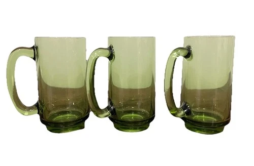 Vintage Hazel-Atlas El Dorado Avocado Green Handled 12oz Beer Mug Stein Set 3