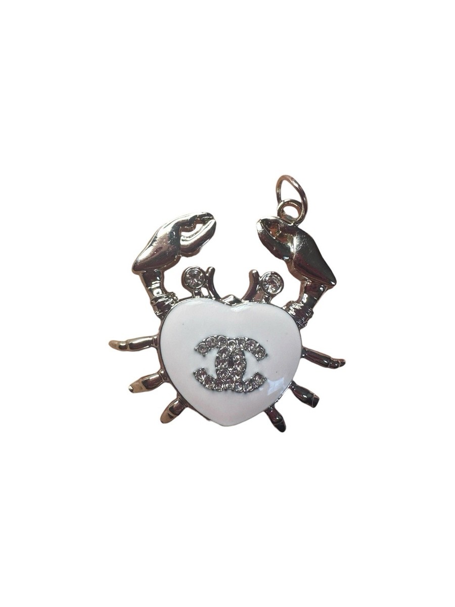 Chanel Silver Crab Heart Zipper Pull Charm with White Enamel