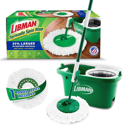 Libman Tornado Spin Mop System and 1 Refill, Mop and Bucket with Wringer Set for