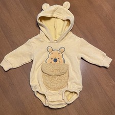 Disney Baby Winnie The Pooh Yellow Bear Hooded Pocket Bodysuit Snap 0-3 Months