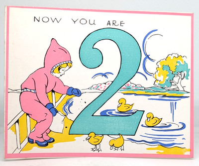 Vintage Grußkarte 2. Geburtstag zwei Enten Teich Kind 40er Jahre unbenutzt EB10787
