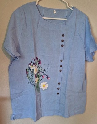 Women s Blue Floral Print Blouse Size Large Loose Fit Lightweight Cotton Boho