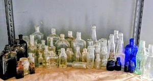 “Vintage Antique Glass Bottle Lot – Clear, Blue, Brown Apothecary / Milk / Soda”