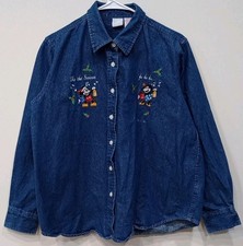 Vtg 90s Unisex Mickey Mouse Disney Button Up Denim Collar Long Sleeve Shirt XL