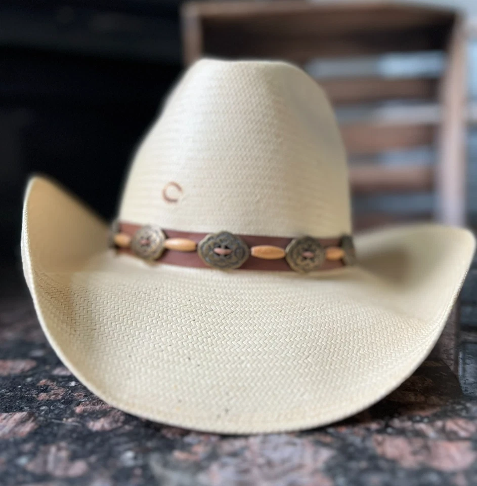 Charlie 1 Caballo Sombrero de Vaquero 7 1/8 Paja Pluma Cuero Banda Vaquera Occidental Boho Foto 2 de 4