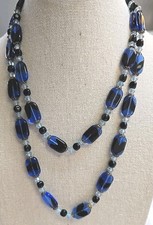 Vintage Blue Glass Beaded Necklace 32 Inches Long Small Black Round Beads