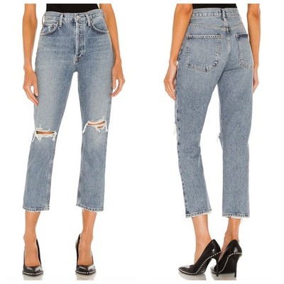 NEW AGOLDE Riley High Rise Straight Crop Jean Escalate Distressed 100% Cotton 29