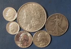 LOT 6 US SILVER COINS 1888 MORGAN SILVER DOLLAR 1942 HALF $ 2 QUARTERS ETC