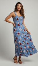 Loft Women's Dress Sleeveless Floral Stretch Smocked Blue Maxi Size S