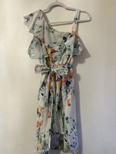 Calvin Klein women’s Fit & Flare Dress Size 10 One-Shoulder Floral Ruffle Knee