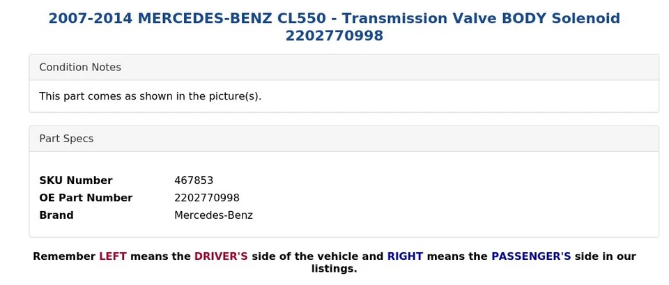 MERCEDES-BENZ CL550 2007-2014 - Válvula de transmisión CUERPO solenoide 2202770998 Foto 3 de 3