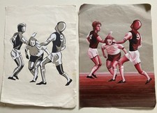 Vintage Gouache / Watercolour Paintings Football Players On Paper - Signed