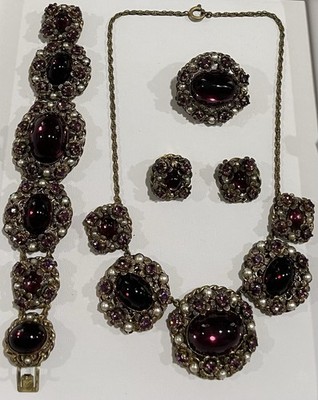 STUNNING! Antique CZECH / W GERMANY Amethyst Glass & Pearl FULL PARURE
