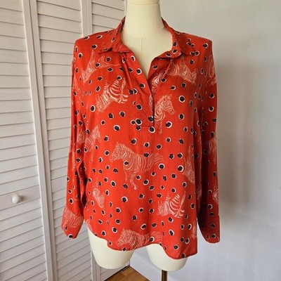 Violeta by Mango Red Zebra Print Blouse Size 14 Long Sleeve Tunic Safari Boho