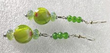 pretty Green Lampwork Beads Crystals Silver Earwires Earrings Handcrafted