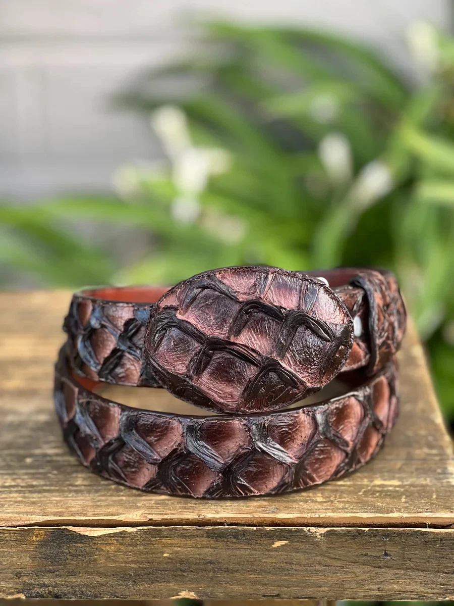 Genuine Exotic Pirarucu Monster Fish Western Belt with Removable Buckle - Brown