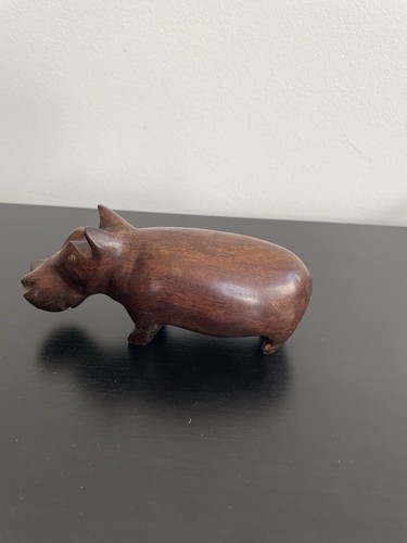 Wooden Hippo Figurine, Hand Carved  Solid Teak Wood 5”L