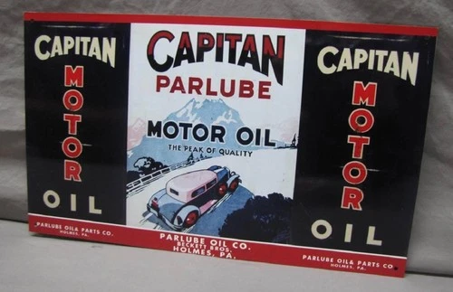 Vintage CAPITAN MOTOR OIL 2 GAL EMPTY & METAL GRAPHIC CAN Gas Station Sign