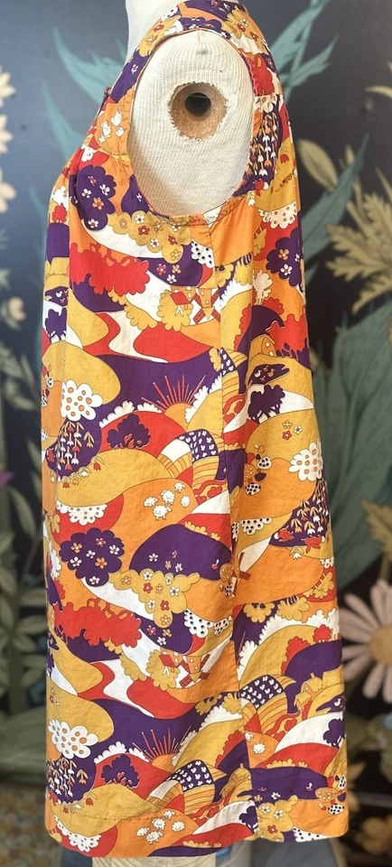 60s Miss Elaine Lounge Dress L Floral Mod Sleeveless Housecoat TLC Small Holes - Image 4 of 4