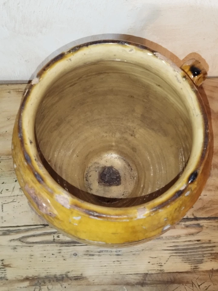 Ancien pot a confit terre cuite émaillé jaune Sud Ouest 19 ème - Photo 4/4