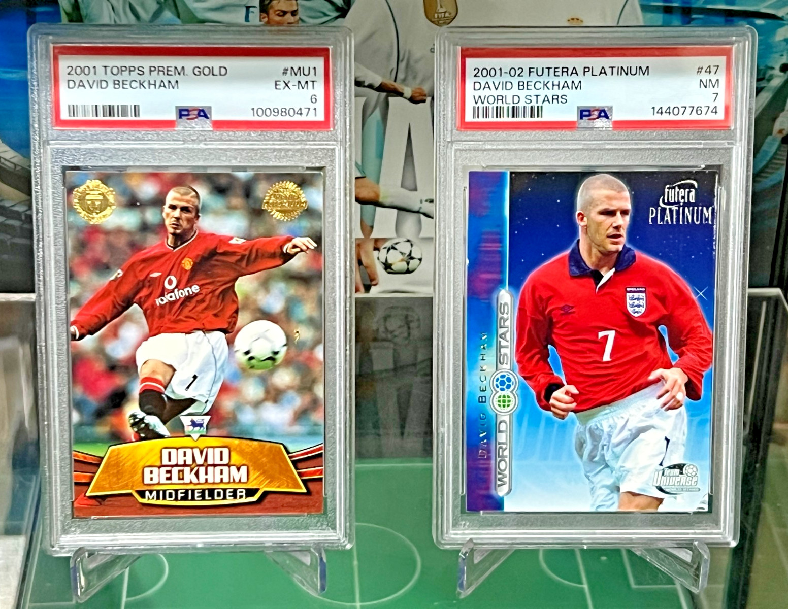 2 PSA David Beckham Card Lot 2001 Topps Premier Gold + 2001 Futera World Stars view 22