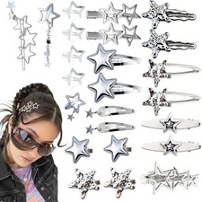 24Pcs Silver Star Hair Clips for Women, Y2K Hair Accessories, Metal Classic