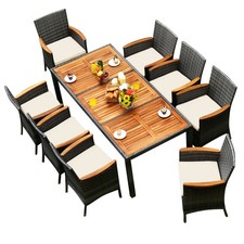 9 PCS Outdoor Wicker Dining Set with Acacia Wood Table and 8 Armchairs
