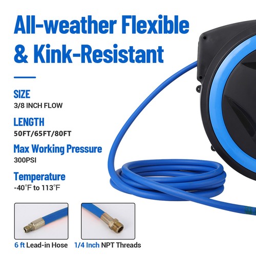 Air Hose Reel 80FT Retractable Ceiling/Wall Mount Hose Reel Automatic Rewind - Picture 2 of 10