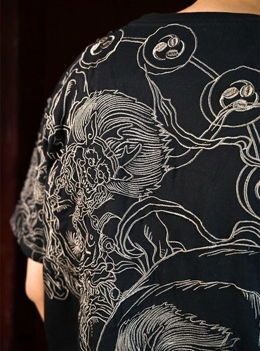 Mens Japanese God Fujin Raijin Embroidered T-Shirt Tee - Short Sleeve Unisex Top - Picture 27 of 35