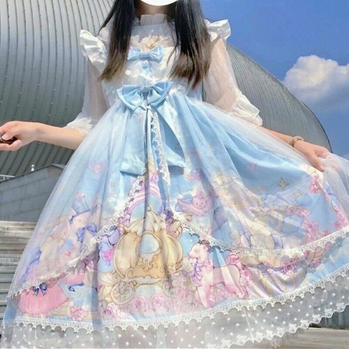 Abiti Lolita Rete Pizzo Arriffalature Senza Maniche Cartone Cartone Cosplay Giapponese Kawaii Sweet - Foto 2 di 16