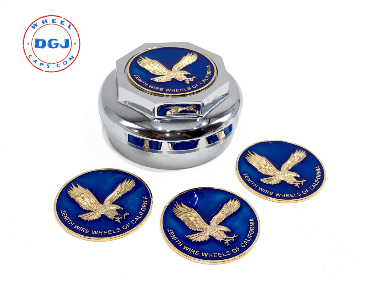 Zenith Candy Blue on Gold Lowrider Wire Wheel Metal Chips Emblems