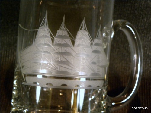 6 NICE 16 FL OZS ~ ETCHED GLASS Tall Ship / Sail Boat / Schooner /Mug / Stein - Picture 5 of 10
