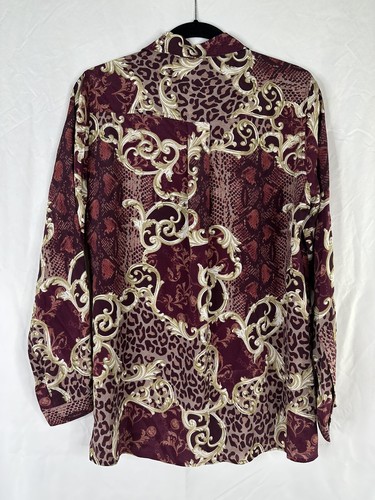 DG2 Diane Gilman Top Women Size M Red Gold Long Sleeve Button Up Silk Blend - Picture 6 of 14