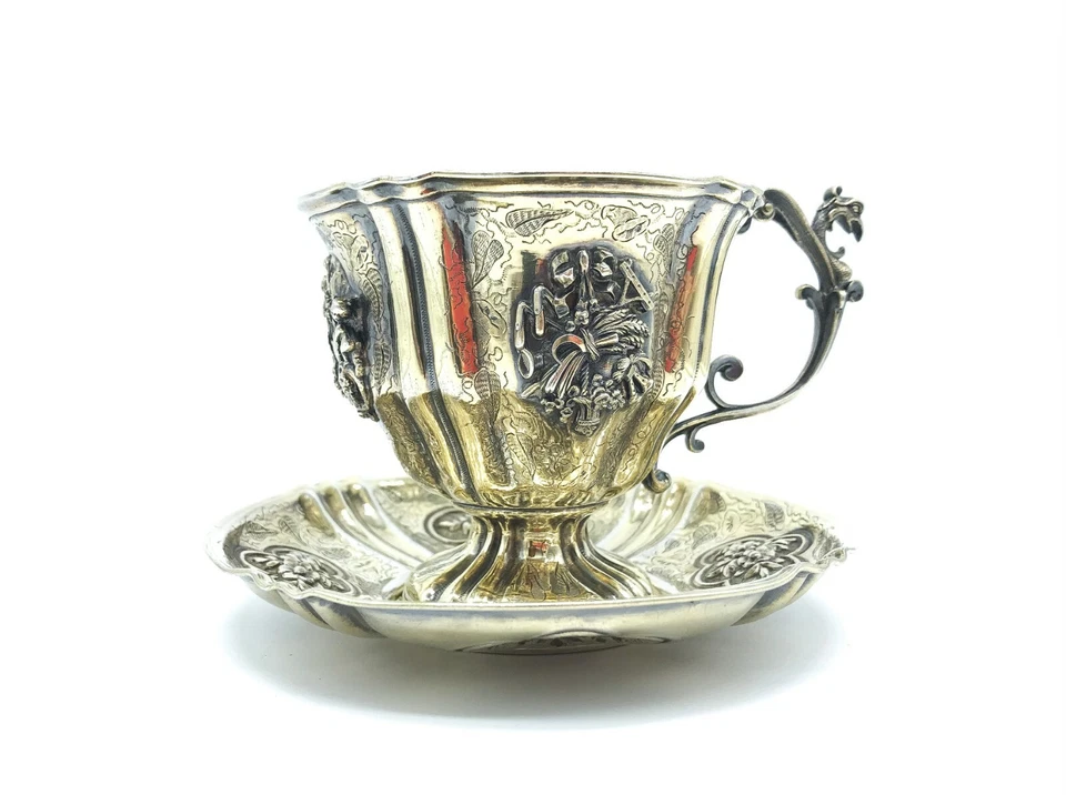 1860-1880 Французский позолоченный 950 Серебряный 1-й стандарт Minerva Mark чашка и блюдце, рококо - Изображение 4 из 4